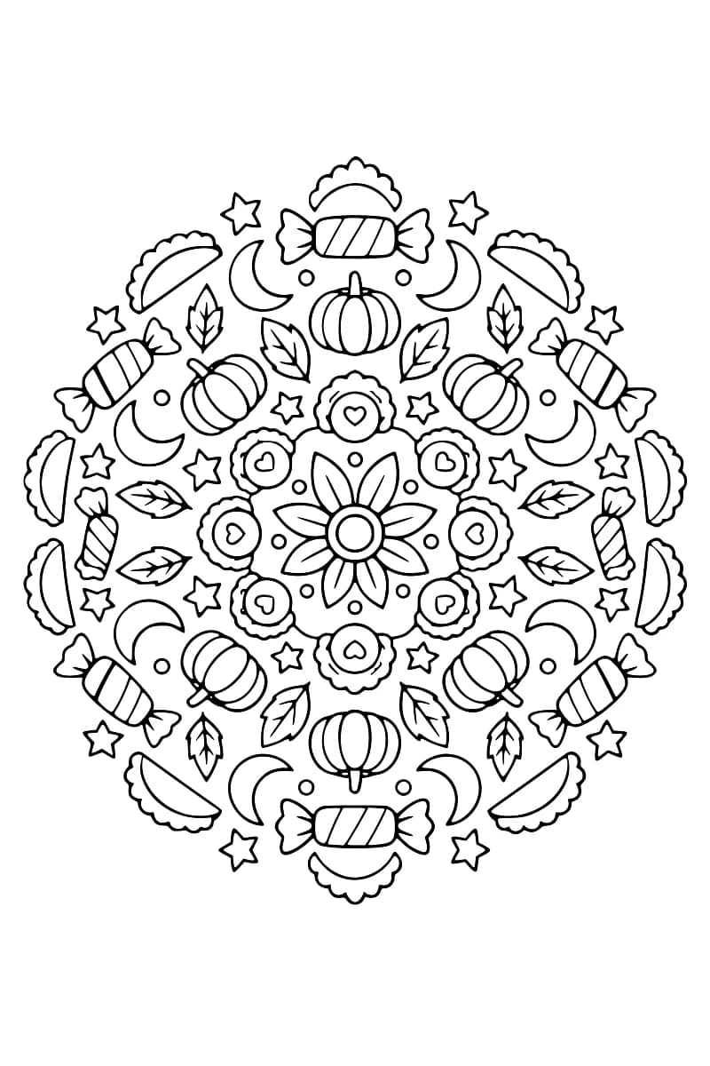 Dessin de coloriage en noir et blanc formant un mandala symétrique avec des bonbons, des citrouilles, des feuilles, des étoiles, des lunes et des fleurs.