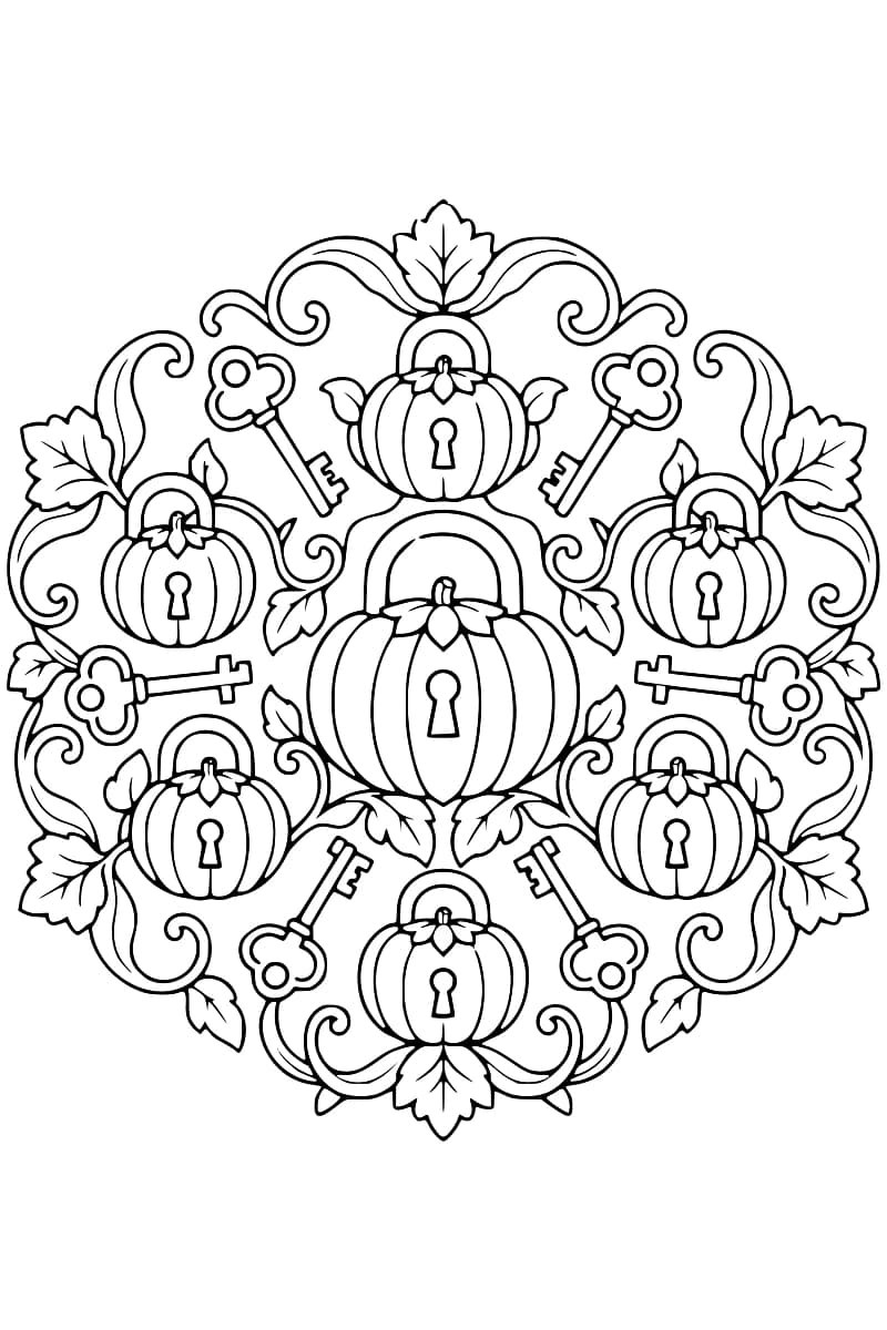 Dessin au trait noir sur fond blanc : un grand cadenas en forme de citrouille au centre est entouré de six cadenas-citrouilles plus petits, de six clés, de feuilles et de tiges en volutes.