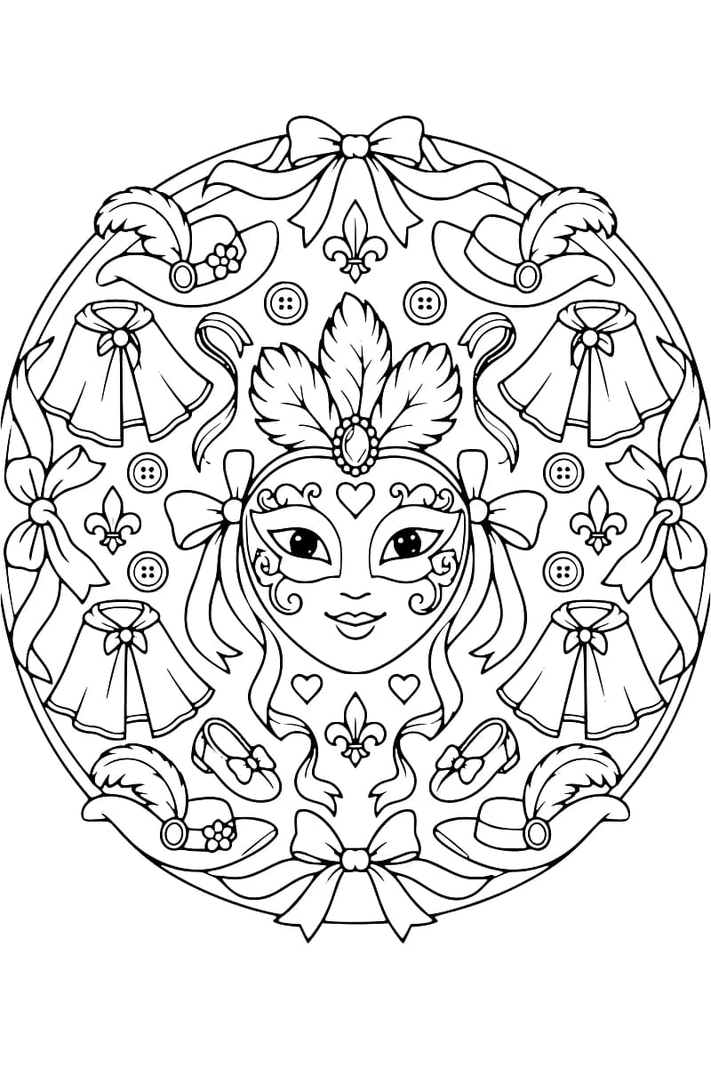 Illustration en noir et blanc d’un mandala symétrique avec un visage de femme masqué au centre, entouré de chapeaux à plumes, de nœuds, de robes, de chaussures et de motifs décoratifs.