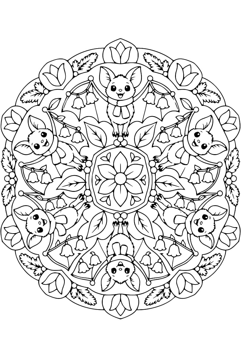 Dessin en noir et blanc de six chauves-souris souriantes disposées en cercle, portant des écharpes et déployant leurs ailes ornées de fleurs en clochettes. Au centre, un médaillon contient une grande fleur, tandis que des tulipes et des feuillages décorent le pourtour.