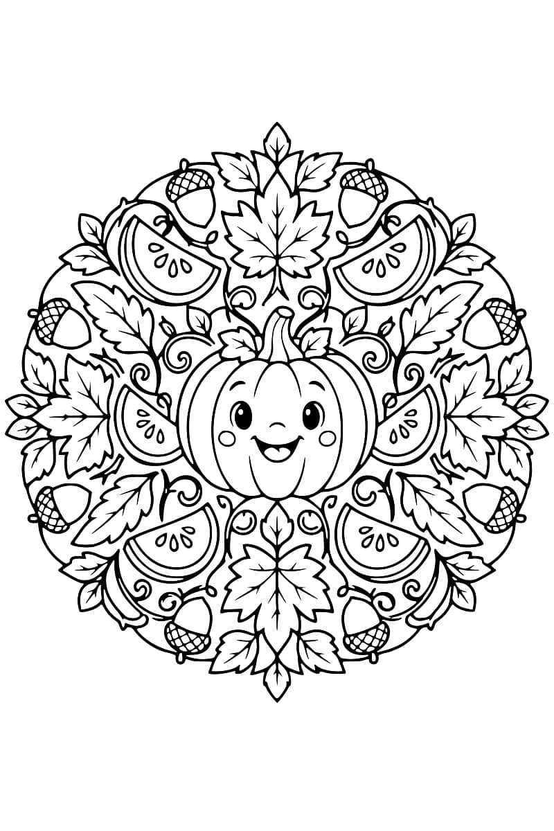 Mandala symétrique en noir et blanc avec une citrouille souriante au centre, entourée de feuilles, de glands, de vrilles et de quartiers de fruits.