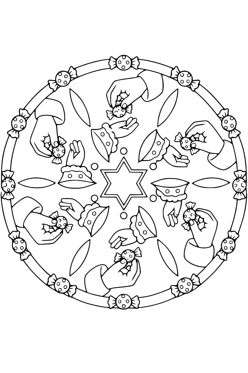 Dessin circulaire en noir et blanc composé de six grandes mains tenant des bonbons face à six petites mains aux manchettes festonnées, autour d’une étoile à six branches, avec une bordure ornée de bonbons.