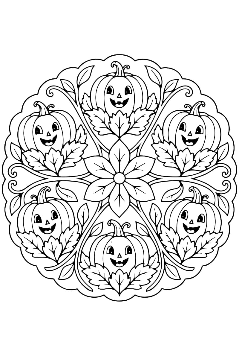 Mandala en noir et blanc composé de six citrouilles aux visages souriants, disposées autour d’une fleur à six pétales, avec des feuilles dentelées et des tiges courbes dans un contour festonné.