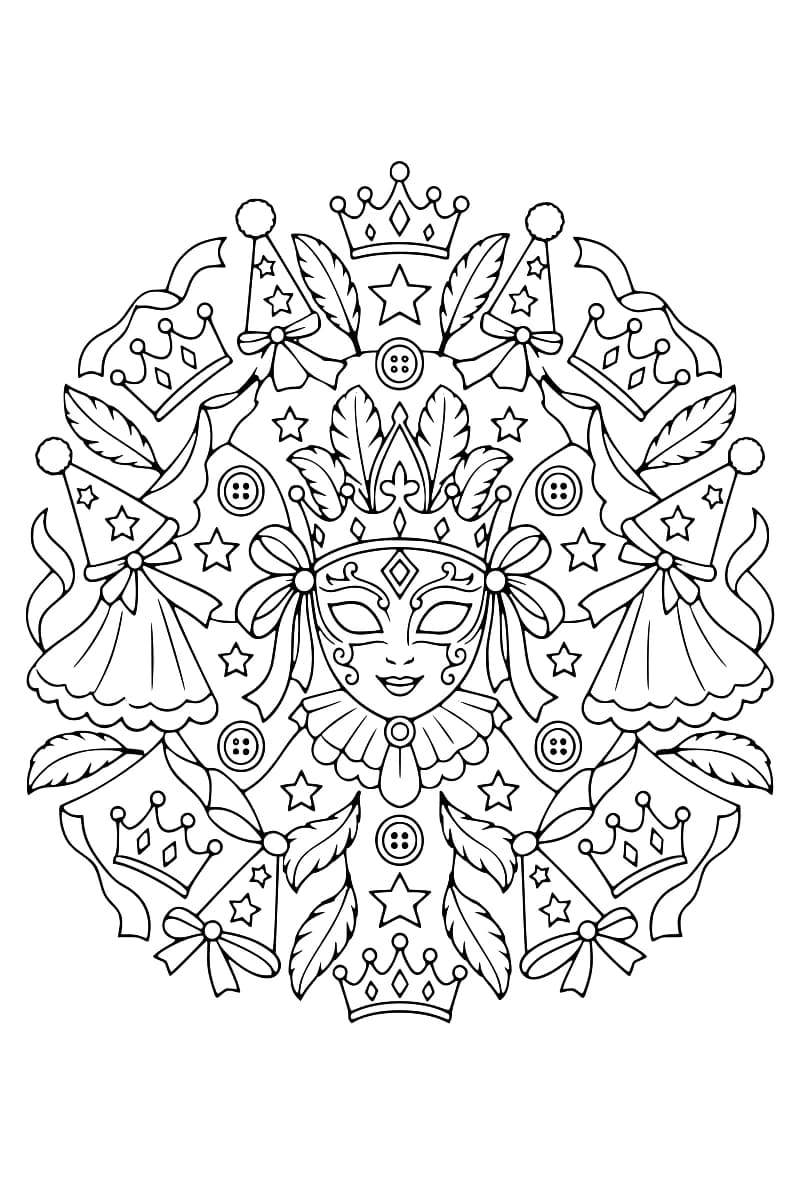 Dessin en noir et blanc d’un mandala composé d’un masque central entouré d’accessoires de déguisement disposés en rosace.