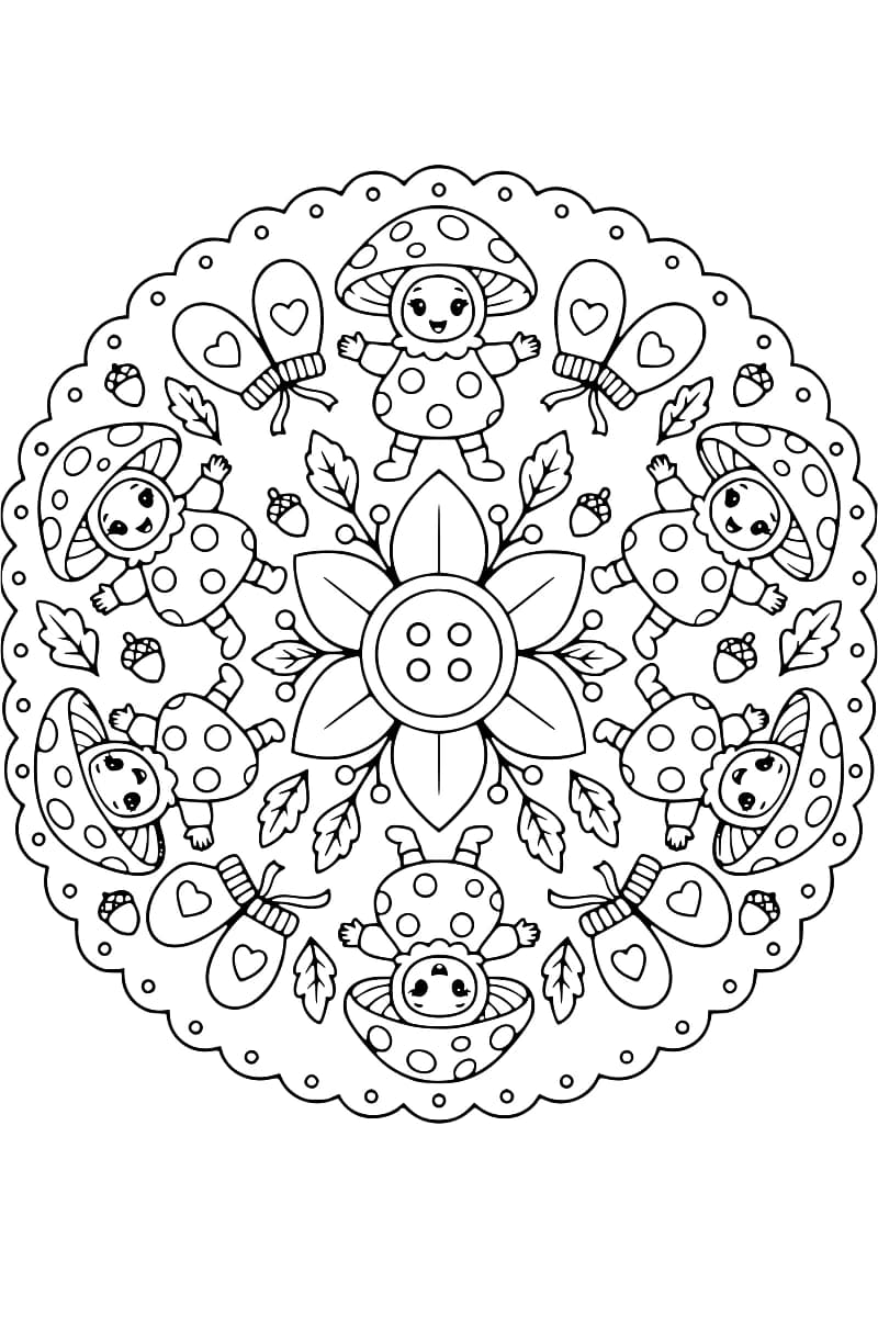 Dessin en noir et blanc d’un mandala à bord festonné : six enfants souriants en costumes de champignons à pois entourent une fleur centrale dont le cœur est un bouton à quatre trous, avec des paires de moufles ornées de cœurs, des feuilles et des glands.