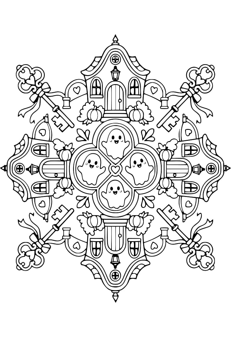 Dessin en noir et blanc composé de quatre maisons disposées autour d’un motif central à quatre lobes contenant chacun un fantôme souriant, avec un petit cœur au centre, des citrouilles près des portes et quatre clés ornées de nœuds en diagonale.