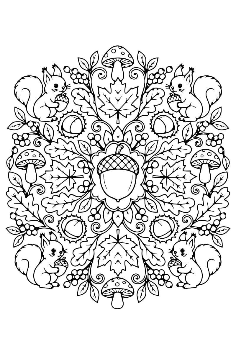 Mandala en noir et blanc représentant un gland au centre, entouré de feuilles, de champignons, de baies, de bogues de châtaigne et de quatre écureuils.