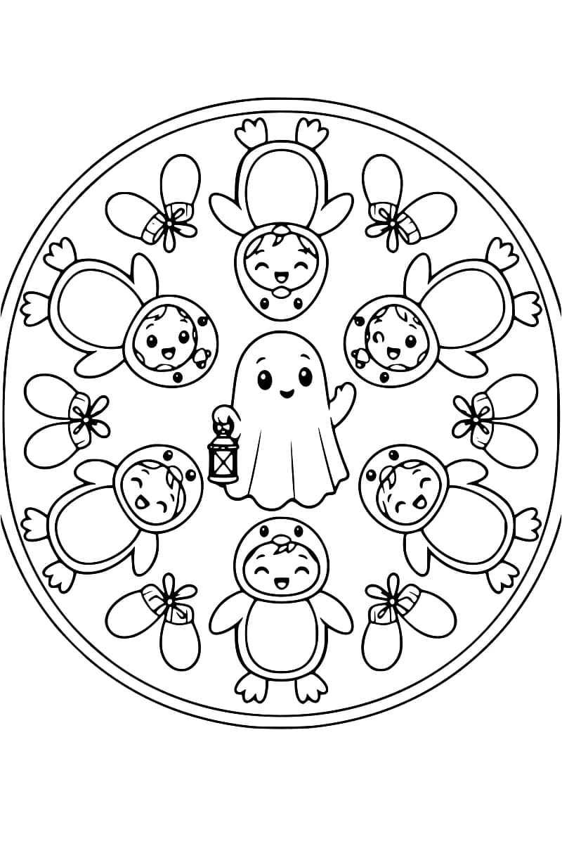 Dessin en noir et blanc dans un double cercle : un fantôme souriant tient une lanterne au centre, entouré de six enfants en costumes de pingouins et de six paires de moufles nouées.