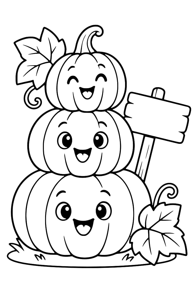 Dessin en noir et blanc de trois citrouilles empilées, avec des visages souriants, des feuilles et un panneau sans inscription.