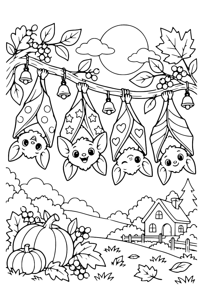 Dessin en noir et blanc de quatre chauves-souris accrochées à l’envers à une branche, avec une lune, des nuages, des feuilles, des citrouilles et une maison en arrière-plan.
