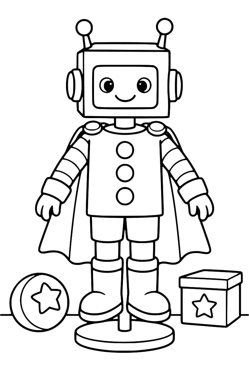Dessin en noir et blanc d’un robot souriant avec antennes, boutons ronds et cape, debout sur un socle près d’un ballon et d’une boîte ornés d’étoiles.