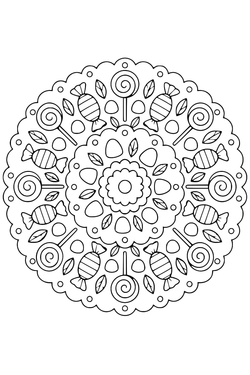 Dessin de coloriage en noir et blanc représentant une rosace circulaire composée de sucettes, de bonbons enveloppés et de feuilles.