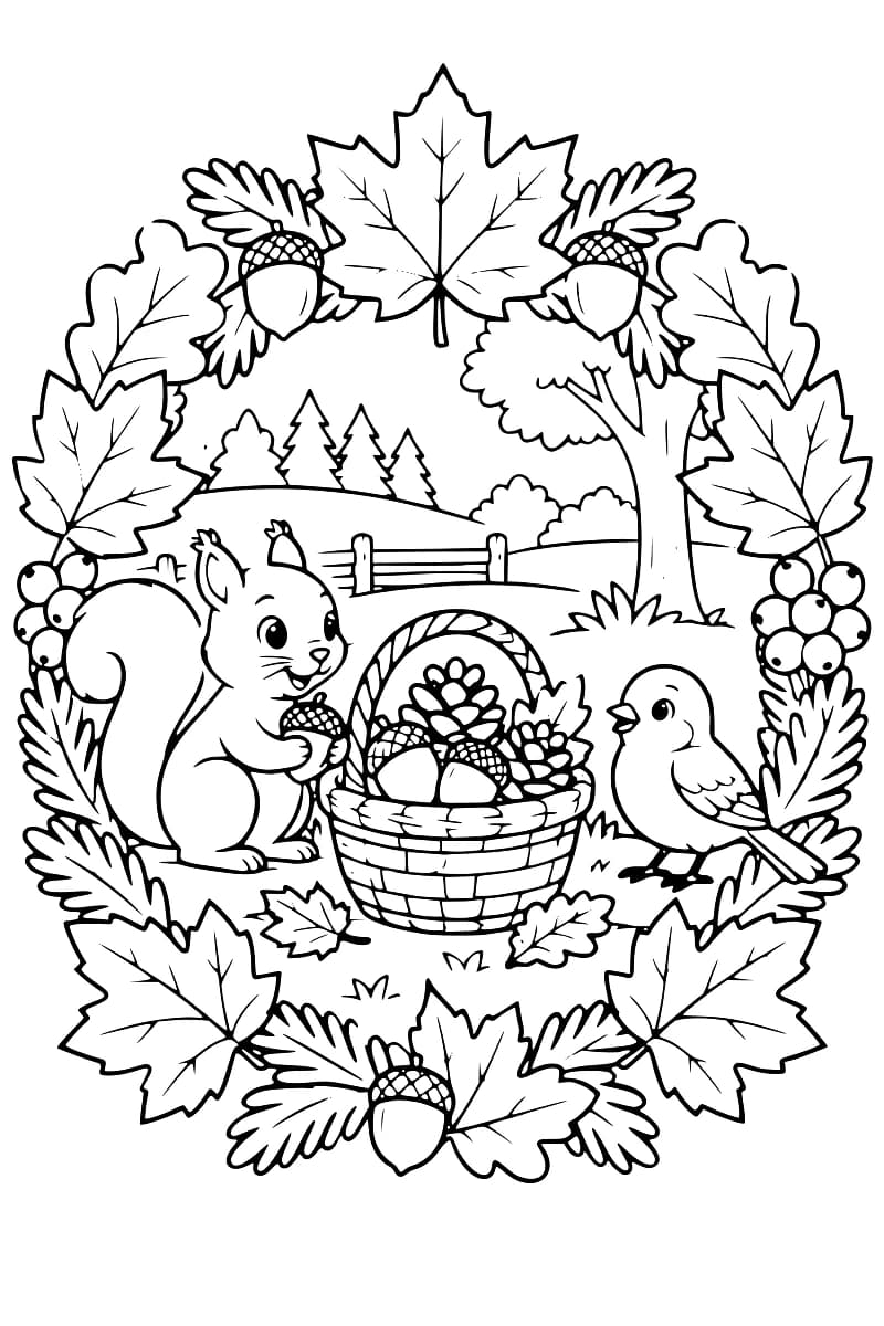 Illustration en noir et blanc montrant un écureuil près d’un panier de glands et de pommes de pin, un oiseau, des arbres et un paysage champêtre encadrés de feuilles d’automne.