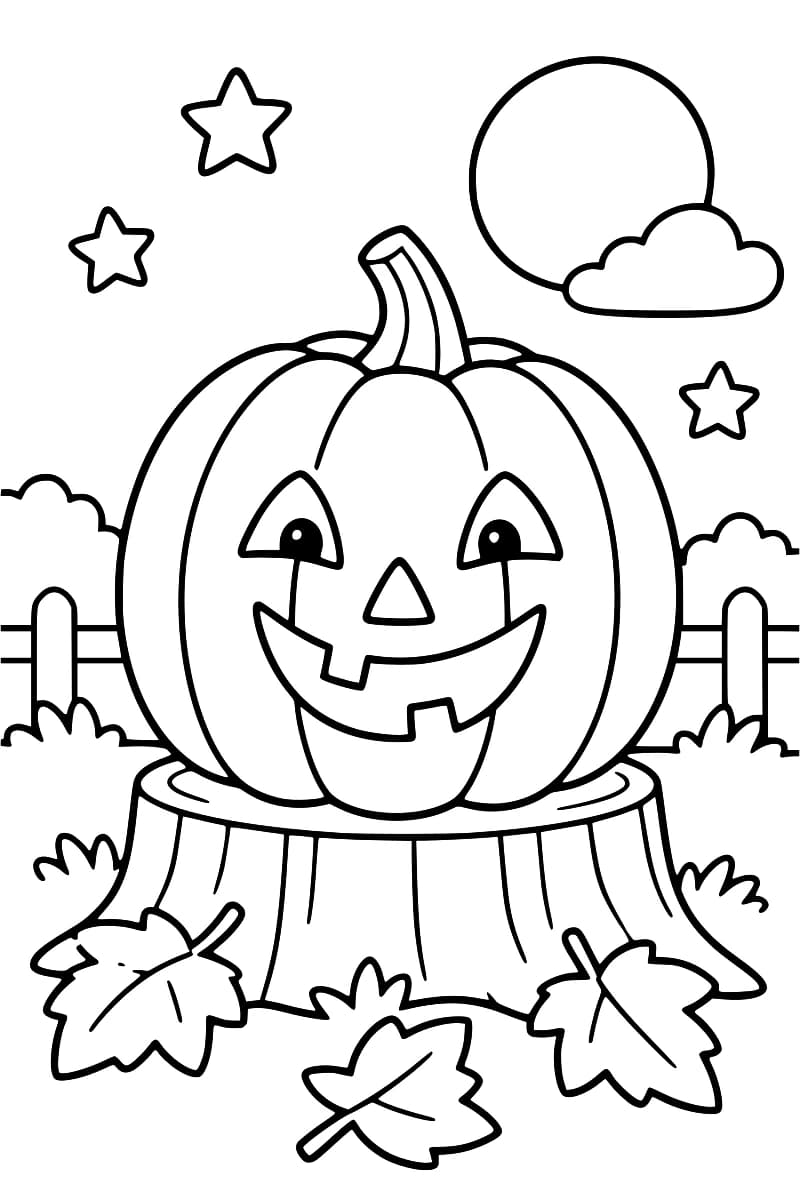 Dessin en noir et blanc d’une citrouille-lanterne souriante sur une souche, avec une clôture, des feuilles, des nuages, une lune et des étoiles.