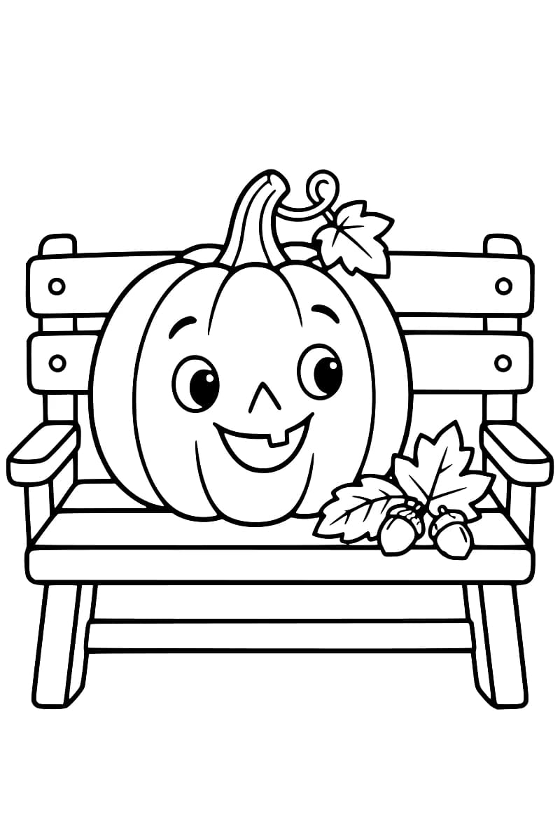 Dessin en noir et blanc d’une citrouille-lanterne souriante assise sur un banc avec des feuilles et des glands.