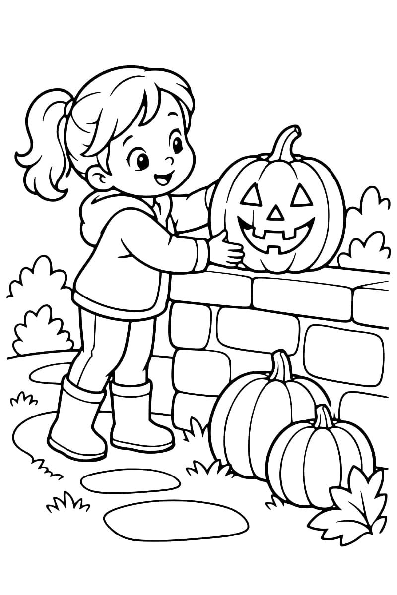 Dessin en noir et blanc d’une enfant installant une citrouille-lanterne sur un muret, avec d’autres citrouilles au premier plan.