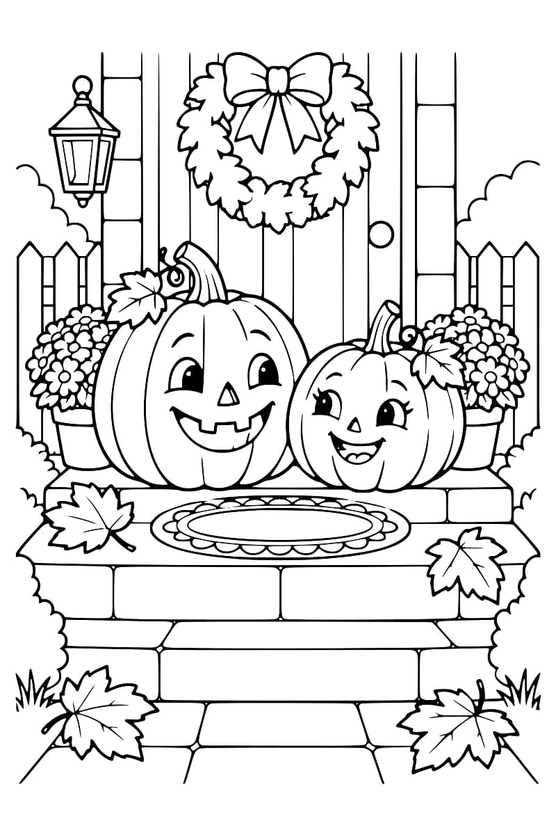 Dessin en noir et blanc de deux citrouilles souriantes posées sur un perron devant une porte ornée d’une couronne, entourées de fleurs et de feuilles.
