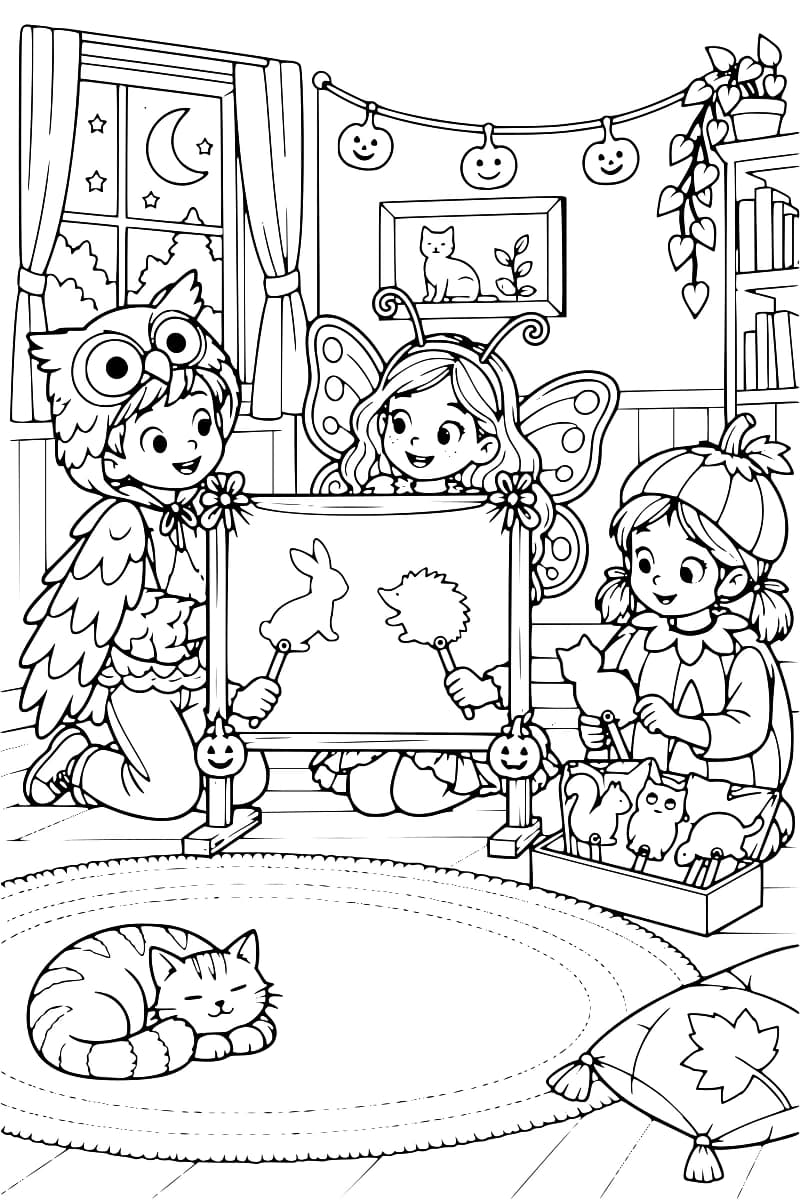 Dessin à colorier de trois enfants costumés autour d’un théâtre d’ombres présentant un lapin et un hérisson sur des tiges, avec une boîte de silhouettes d’animaux à côté. Un chat dort sur un tapis au premier plan, tandis qu’une guirlande de citrouilles souriantes décore la pièce.