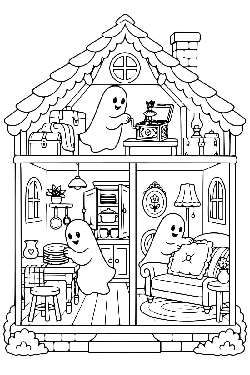 Dessin en noir et blanc d’une maison à trois pièces : un fantôme actionne une boîte à musique à manivelle dans le grenier, un autre tient une pile d’assiettes dans la cuisine et un troisième arrange un coussin sur le canapé du salon.