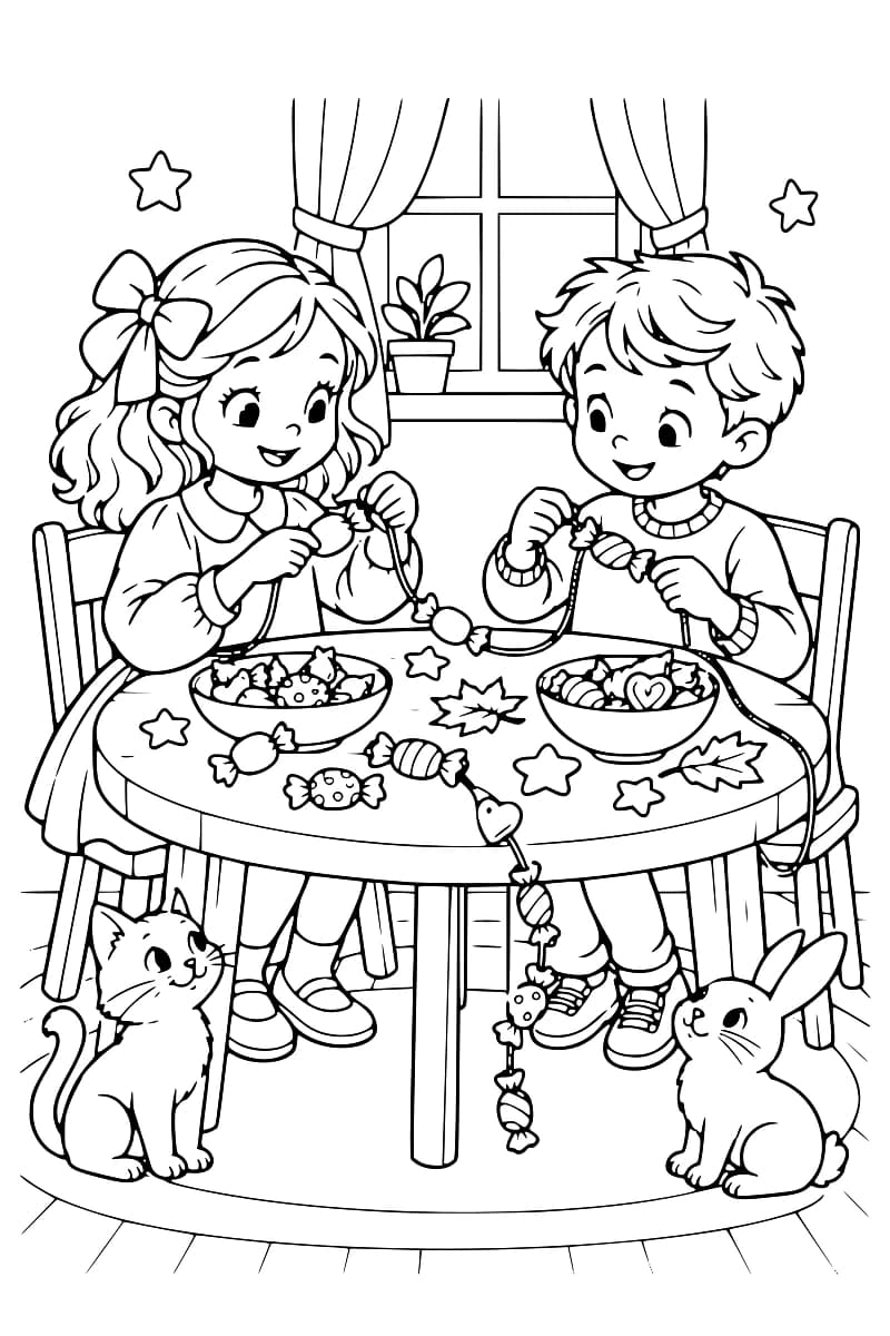 Dessin en noir et blanc de deux enfants fabriquant un collier de bonbons, entourés de bols de friandises, d’un chat et de deux lapins.