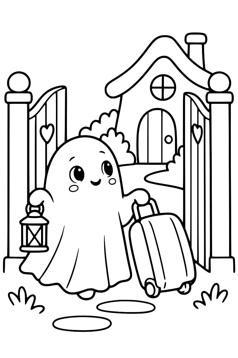 Dessin en noir et blanc d’un fantôme souriant tenant une lanterne et une valise à roulettes entre deux battants de portail ornés de cœurs, avec une petite maison au toit courbé à l’arrière-plan.