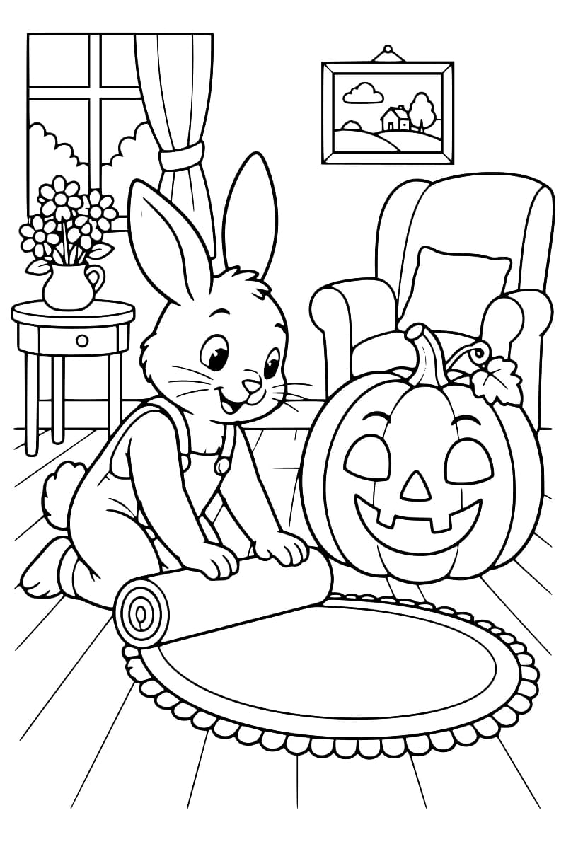 Dessin au trait d’un lapin en salopette déroulant un tapis ovale bordé de franges près d’une grande citrouille au visage souriant, avec un fauteuil, une table portant un vase de fleurs, une fenêtre à rideau et un tableau en arrière-plan.