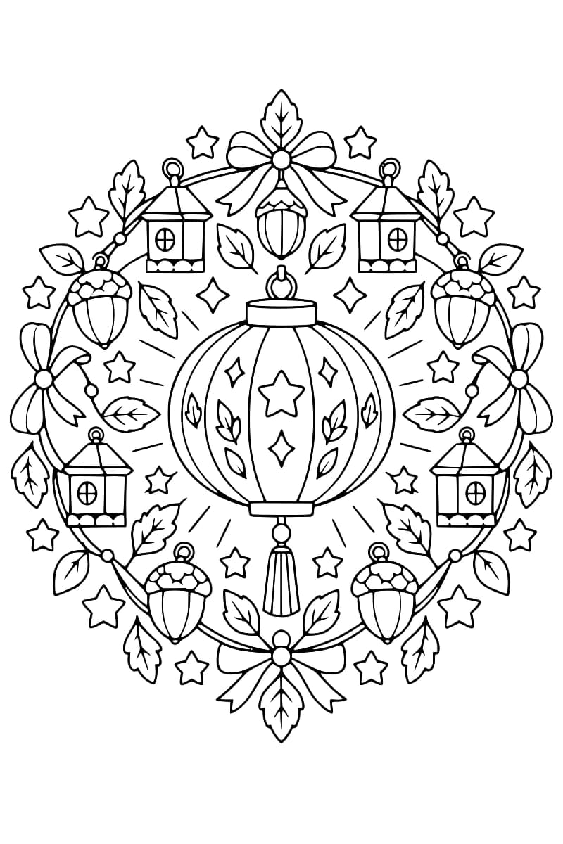 Dessin en noir et blanc d’un mandala circulaire avec une grande lanterne au centre, plusieurs petites lanternes, des glands, des feuilles, des étoiles et des nœuds décoratifs.