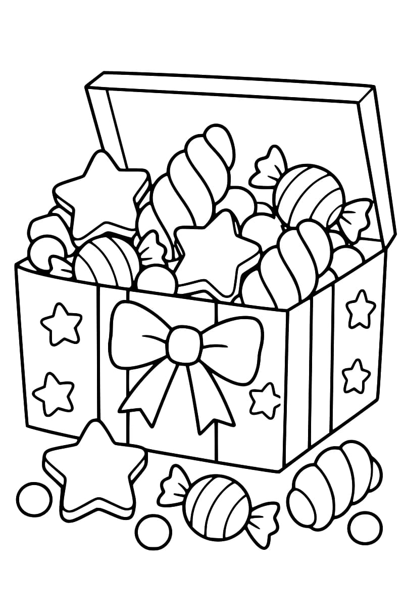 Dessin en noir et blanc d’une boîte ouverte remplie de bonbons emballés et d’étoiles, avec plusieurs friandises disposées autour.