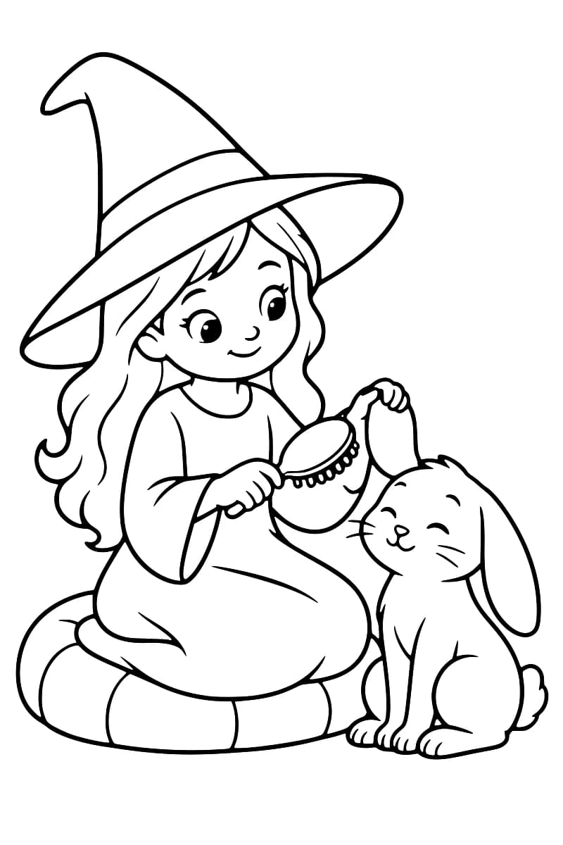 Dessin en noir et blanc d’une petite sorcière souriante au grand chapeau pointu, assise sur un coussin et brossant une oreille relevée d’un lapin assis à ses côtés.