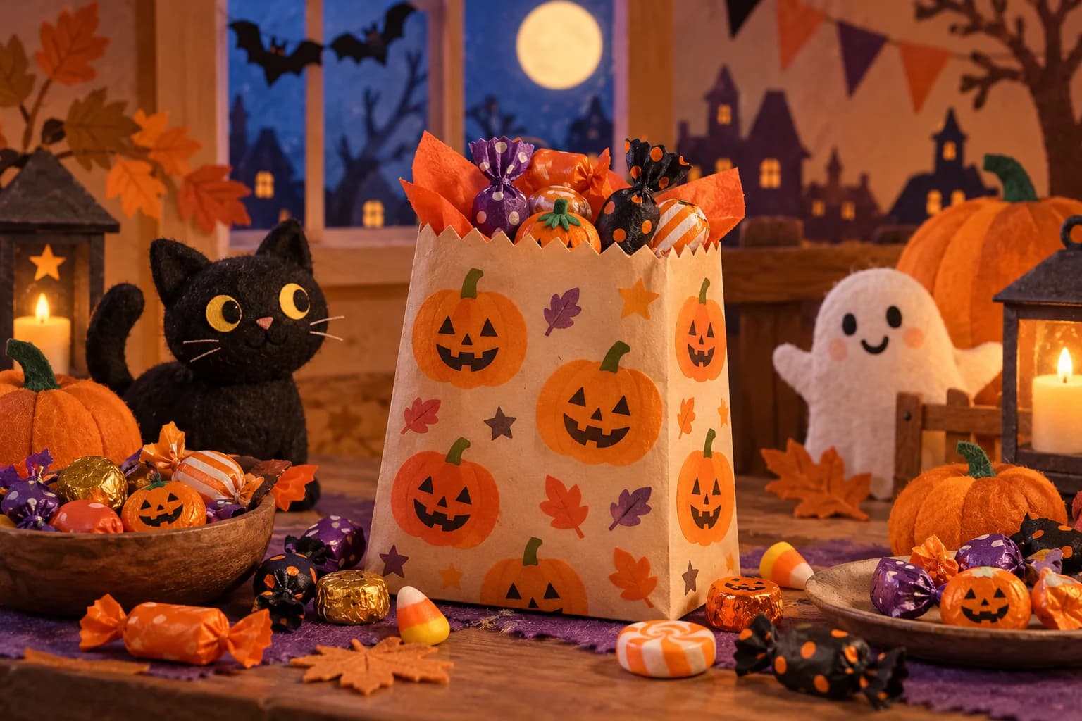 Gabarit imprimable d’un petit sac à bonbons décoré de citrouilles souriantes et d’étoiles.