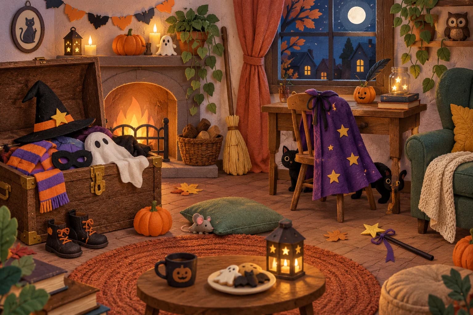 Fiche de jeu d’observation avec une scène colorée contenant des citrouilles, des étoiles, des feuilles et des accessoires de fête