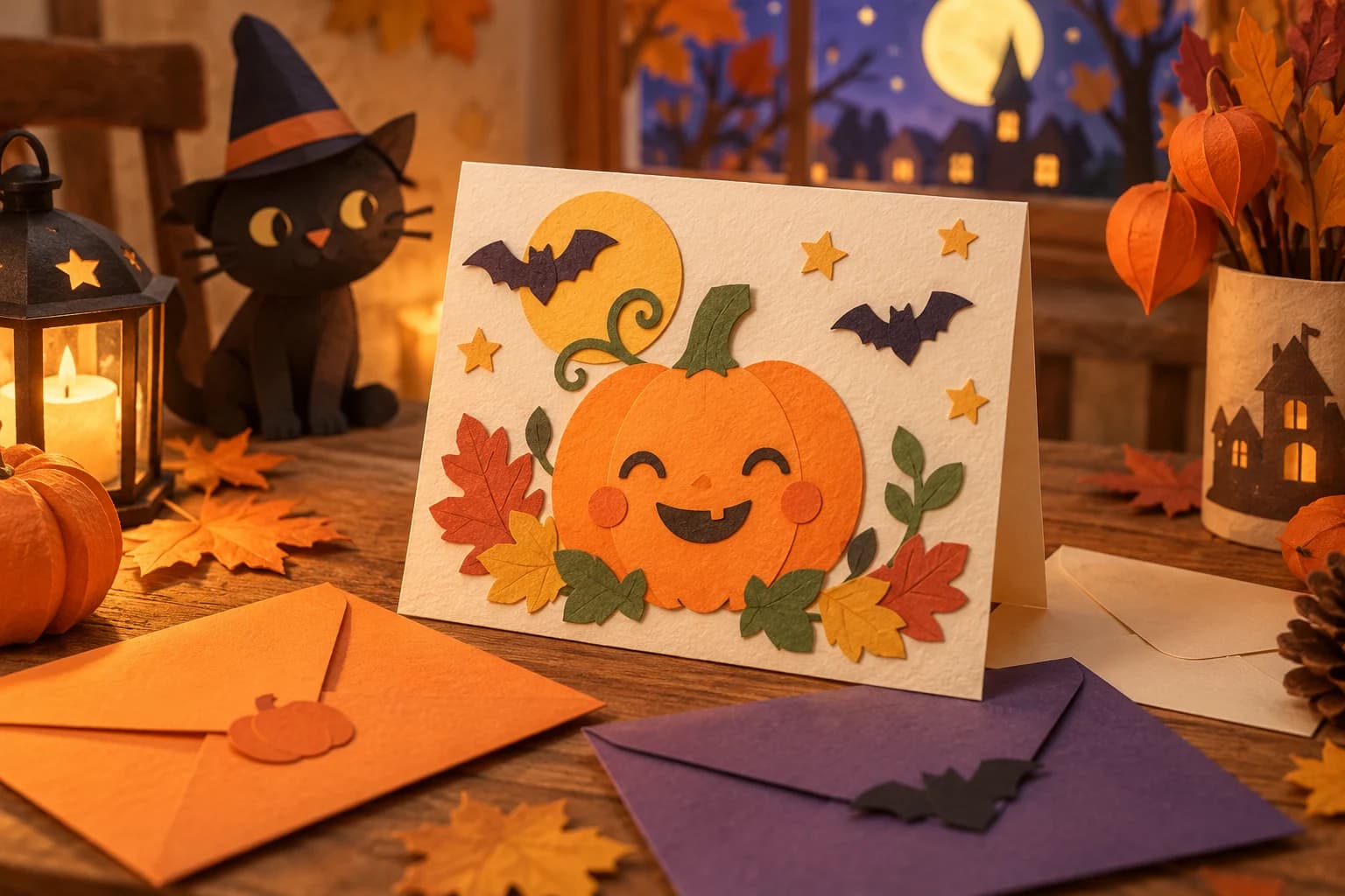 Carte d’invitation pliée avec une citrouille souriante, des étoiles et des feuilles d’automne aux couleurs douces