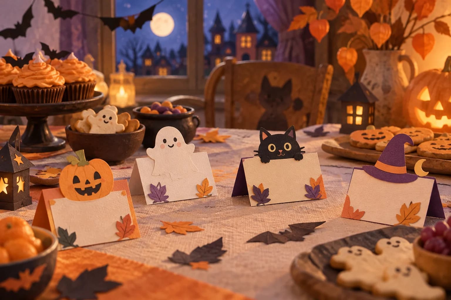 Petits marque-places pliés avec des prénoms, des citrouilles souriantes et des motifs d’automne sur une table de fête
