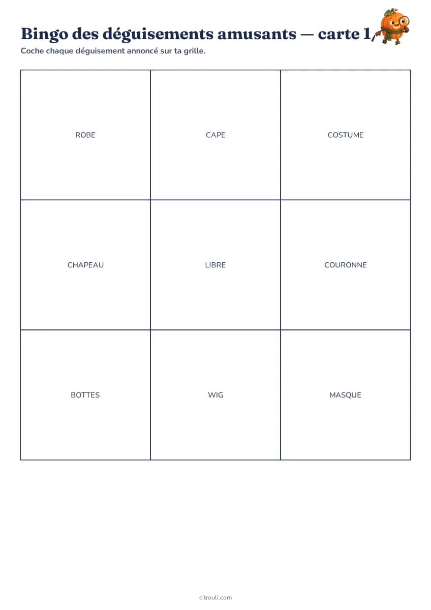Bingo des déguisements amusants — aperçu de la fiche à imprimer