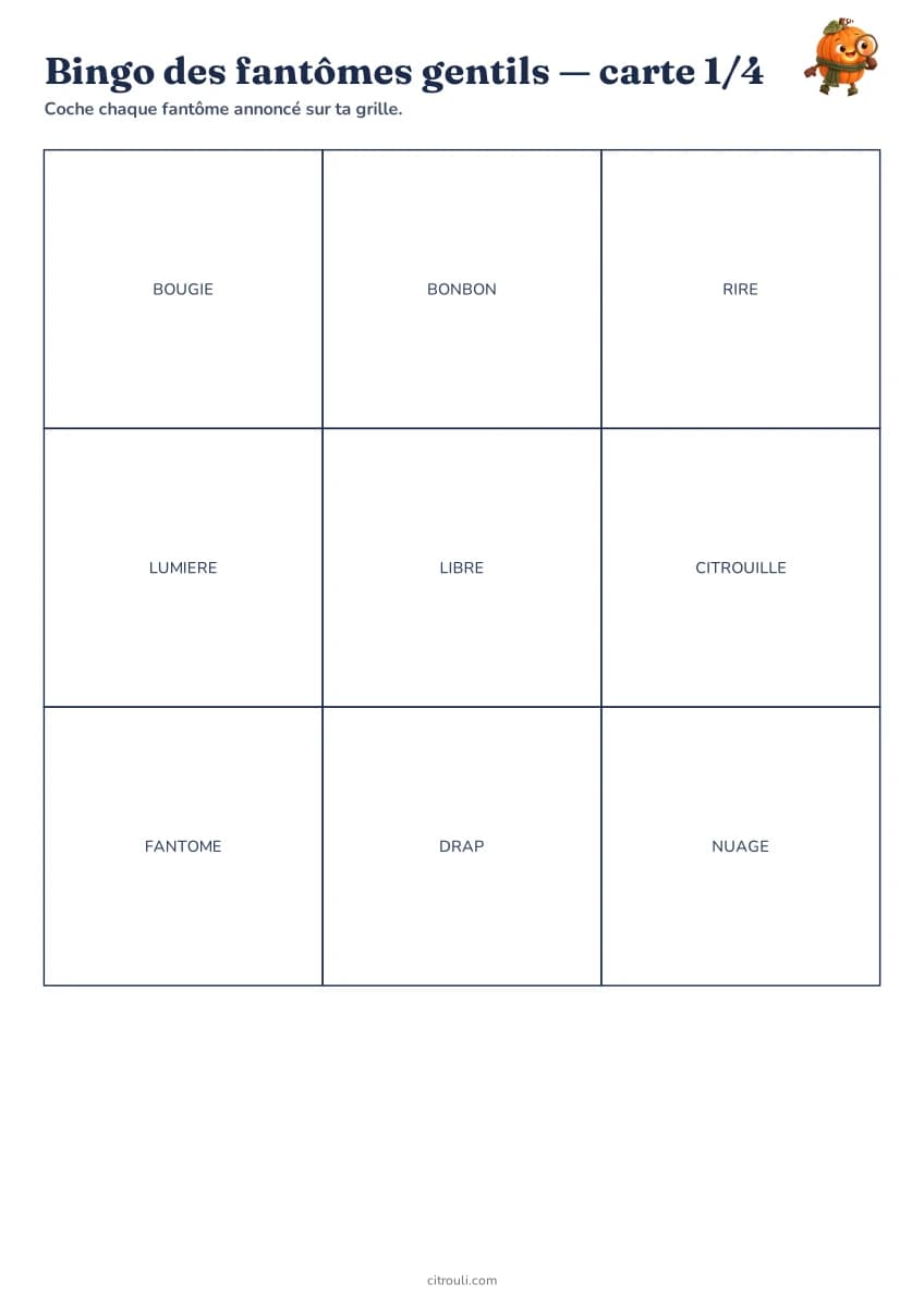 Bingo des fantômes gentils — aperçu de la fiche à imprimer