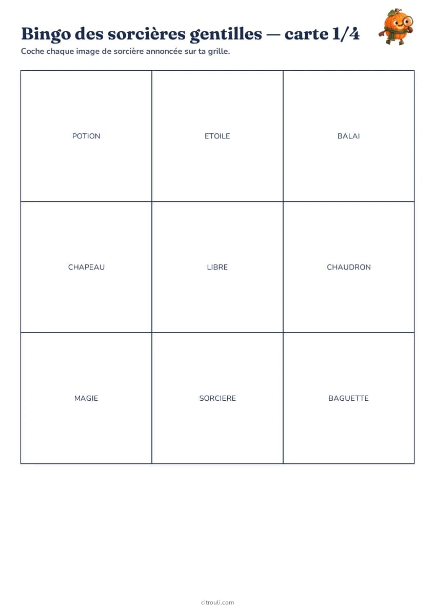 Bingo des sorcières gentilles — aperçu de la fiche à imprimer