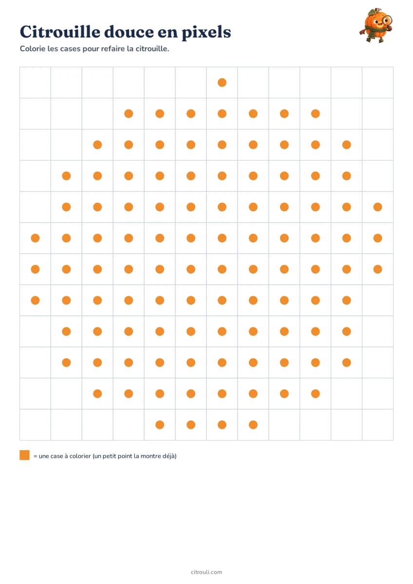Citrouille douce en pixels — aperçu de la fiche à imprimer