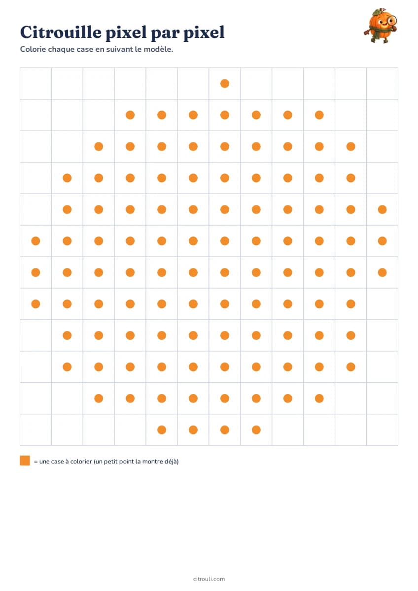 Citrouille pixel par pixel — aperçu de la fiche à imprimer
