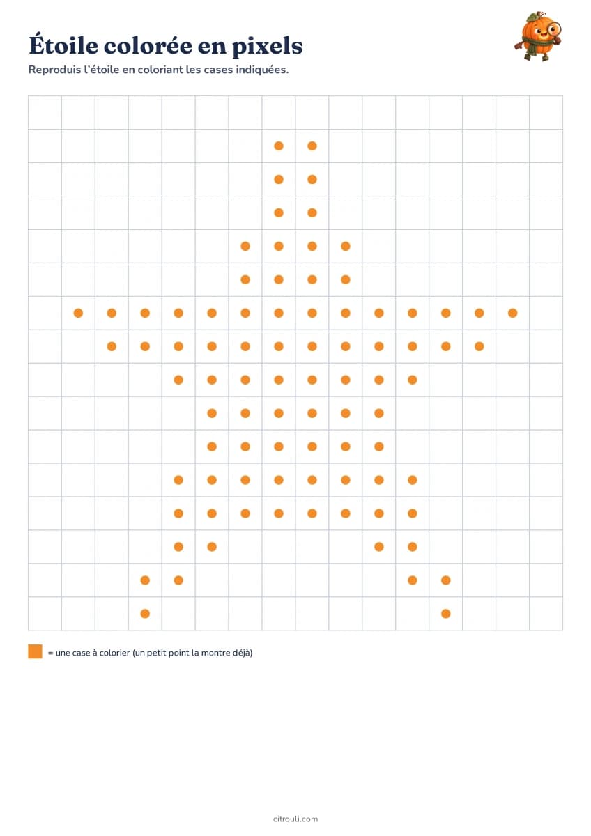 Étoile colorée en pixels — aperçu de la fiche à imprimer