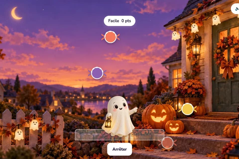Un petit fantôme tient une lanterne sous des bonbons colorés, devant une maison décorée de citrouilles au crépuscule.