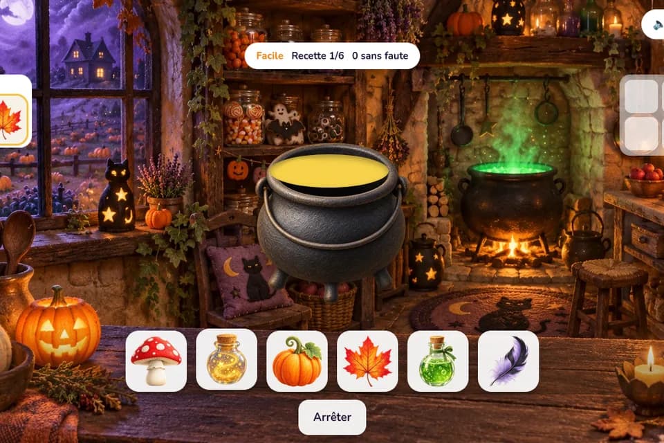 Un chaudron de potion jaune flotte dans un atelier de sorcière, au-dessus de fioles, d’un champignon et d’une citrouille.
