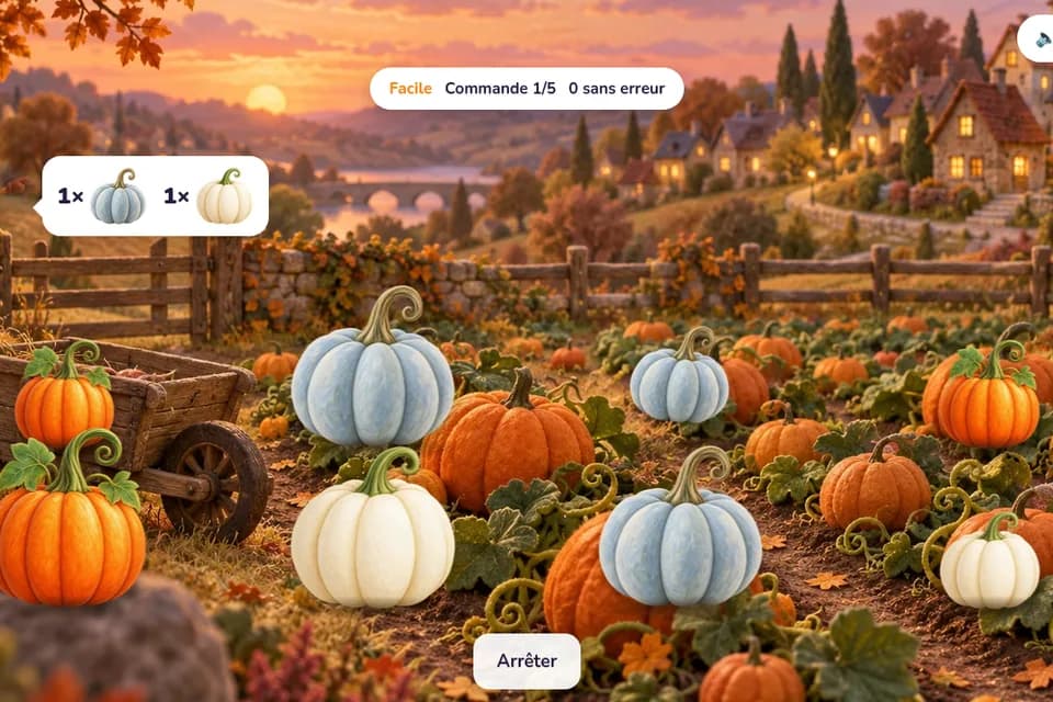 Des citrouilles orange, blanches et bleues poussent dans un champ, près d’une charrette et d’un village au coucher du soleil.
