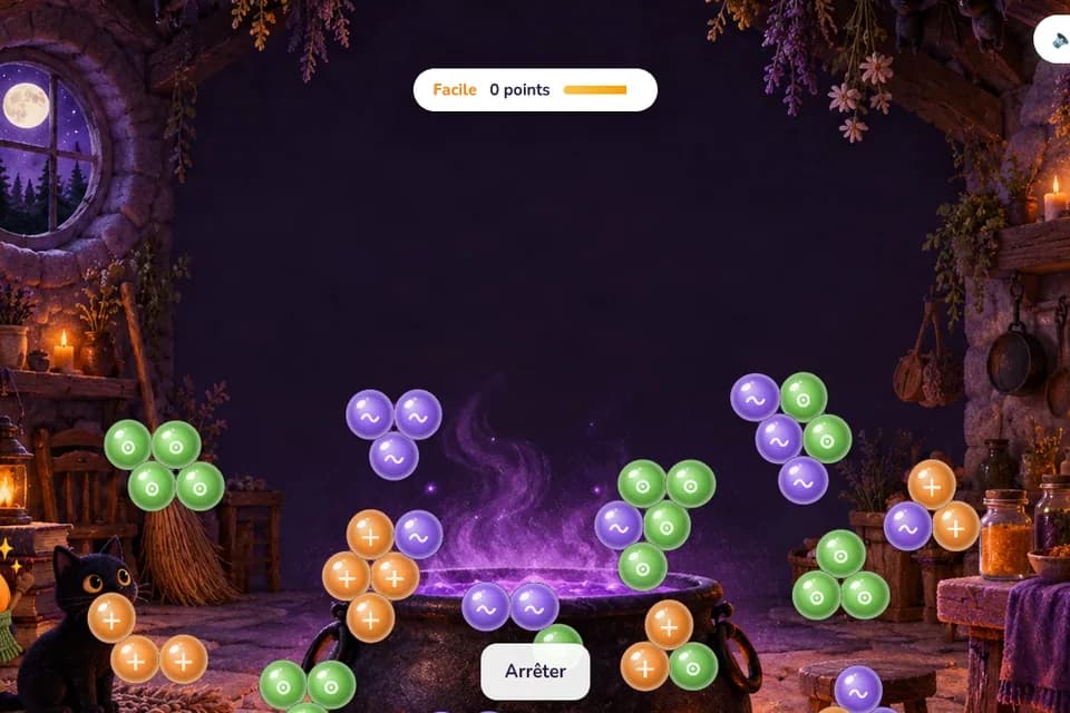 Des bulles vertes, violettes et orange flottent autour d’un chaudron fumant, près d’un chat noir dans une pièce de sorcière.