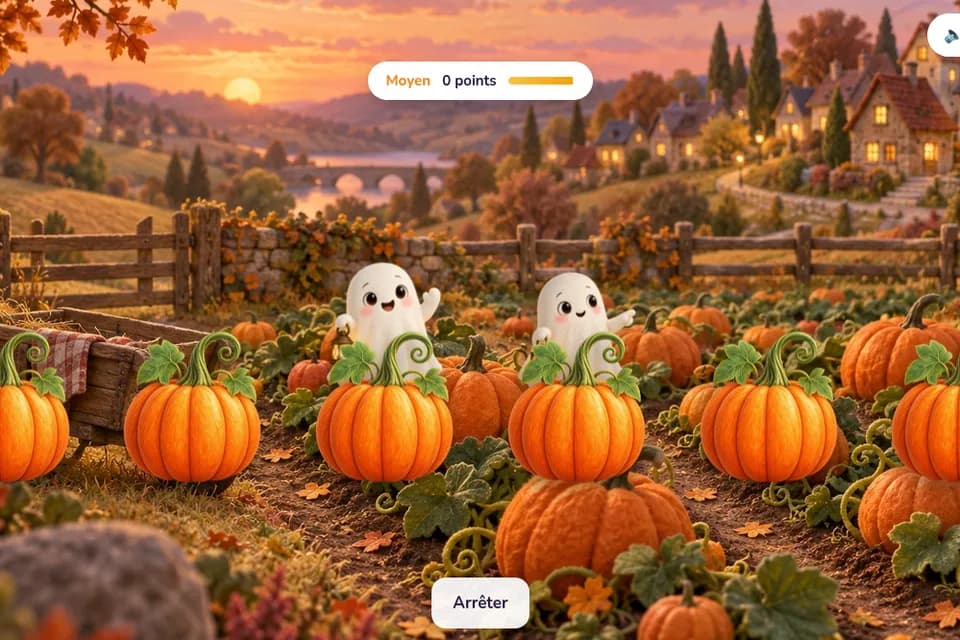 Deux petits fantômes souriants se cachent parmi les citrouilles, près d’un village au coucher du soleil.