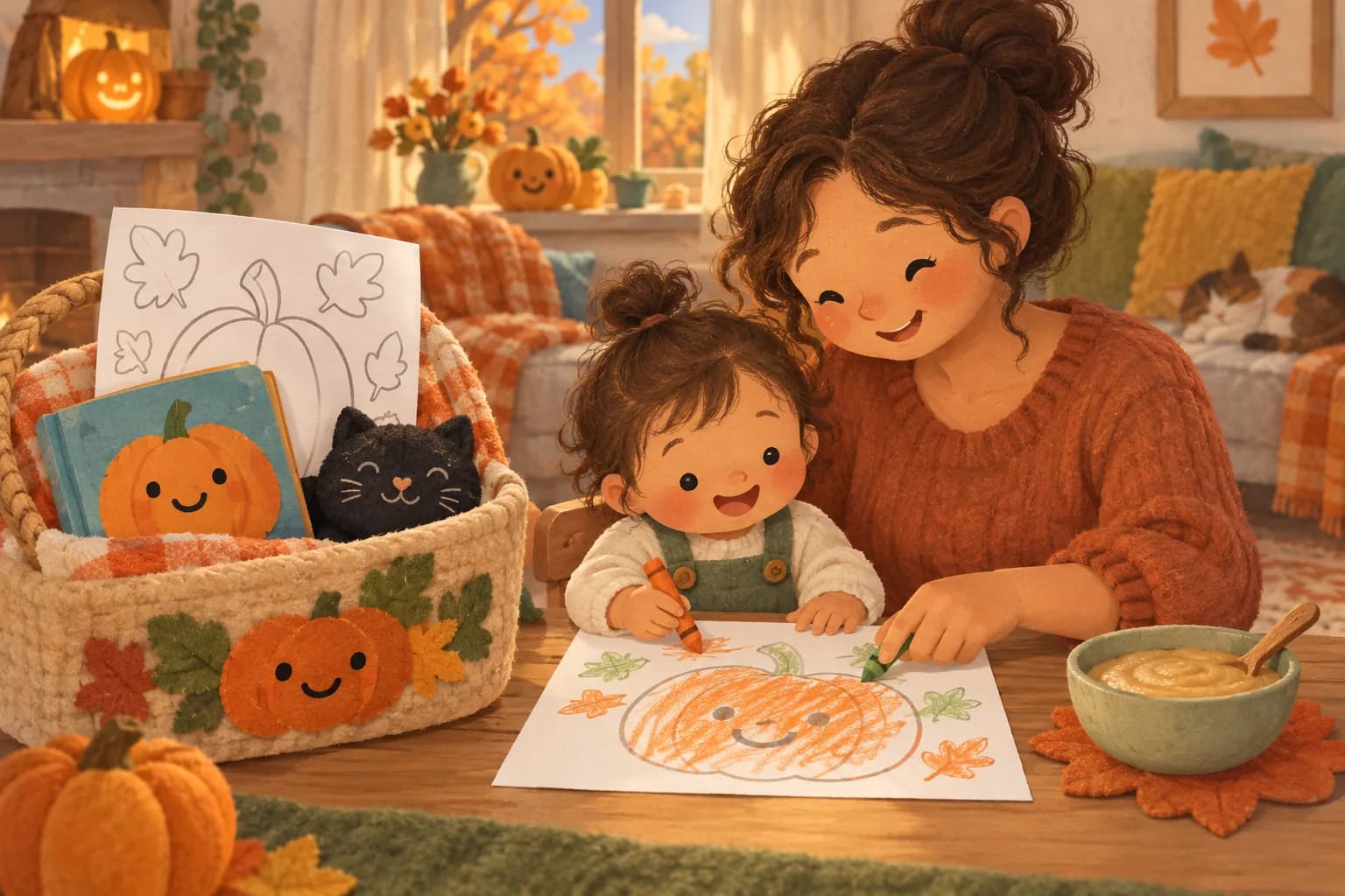 Un parent et un tout-petit préparent un panier d’Halloween avec un livre et un coloriage de citrouille.