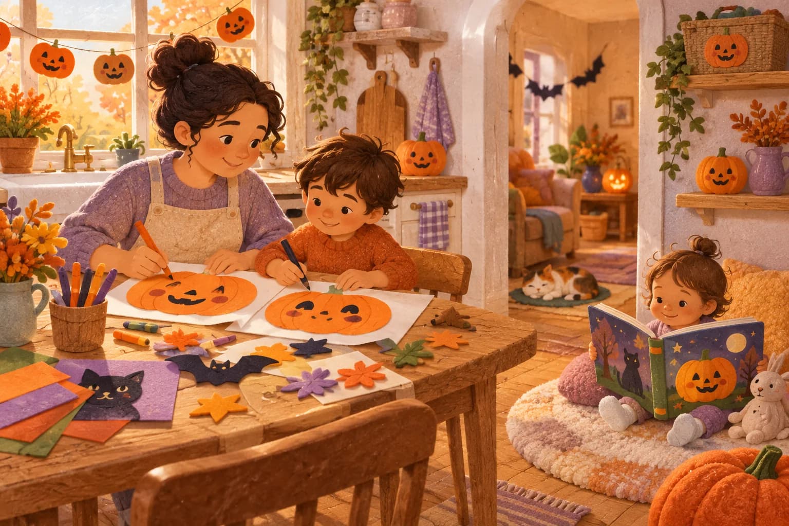 Une famille dessine des décorations d’Halloween, tandis qu’un tout-petit regarde un livre et que le panier reste en hauteur.