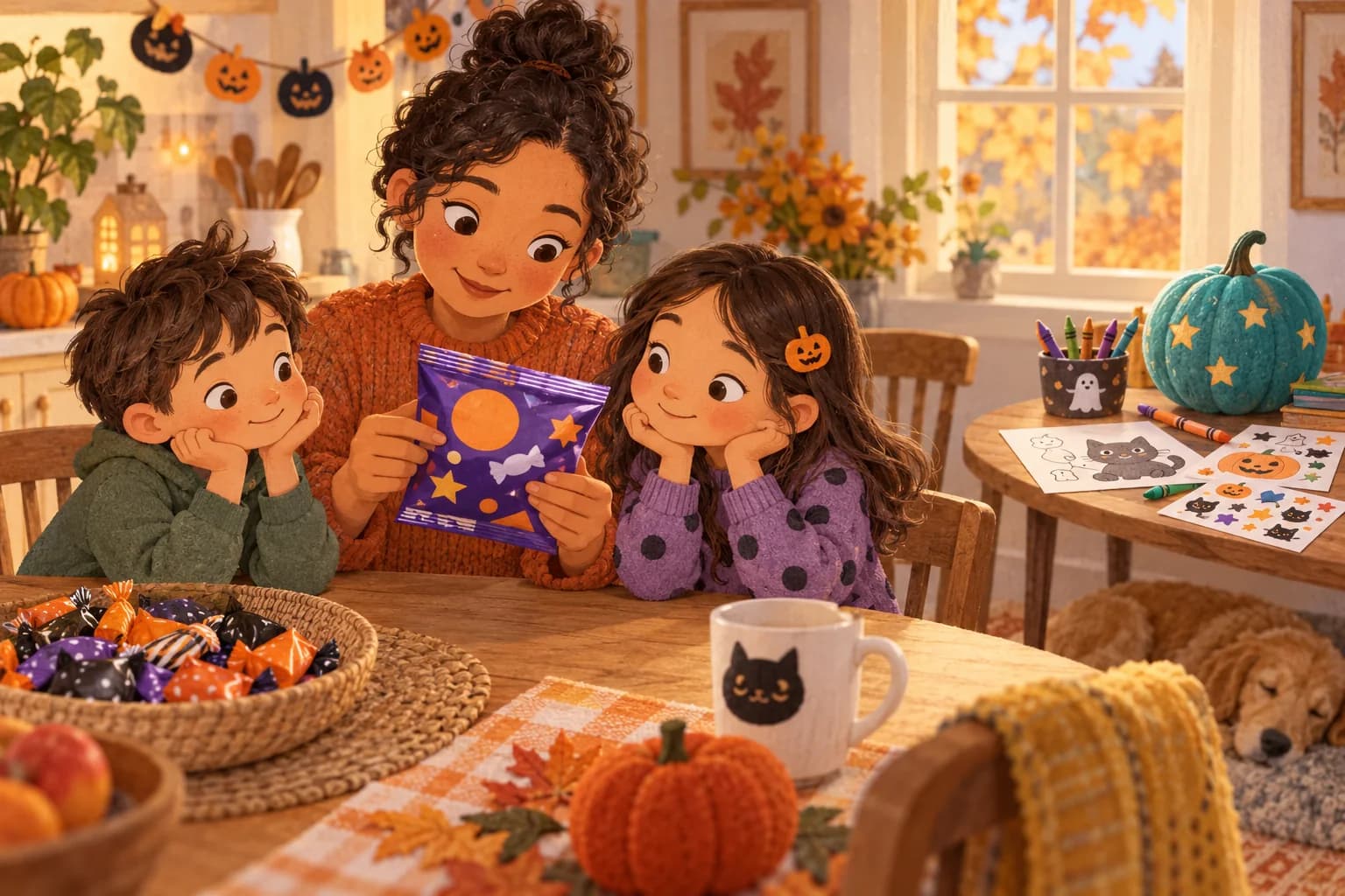 Un parent et deux enfants regardent un sachet de bonbons, près d’une citrouille bleu-vert et de coloriages.