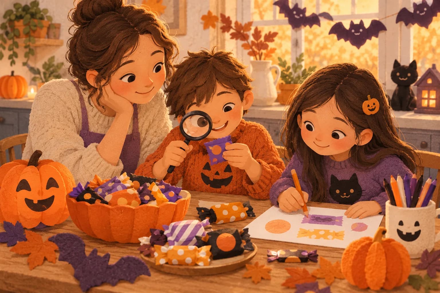 Un parent et deux enfants observent des emballages de bonbons autour d’une table décorée pour Halloween.