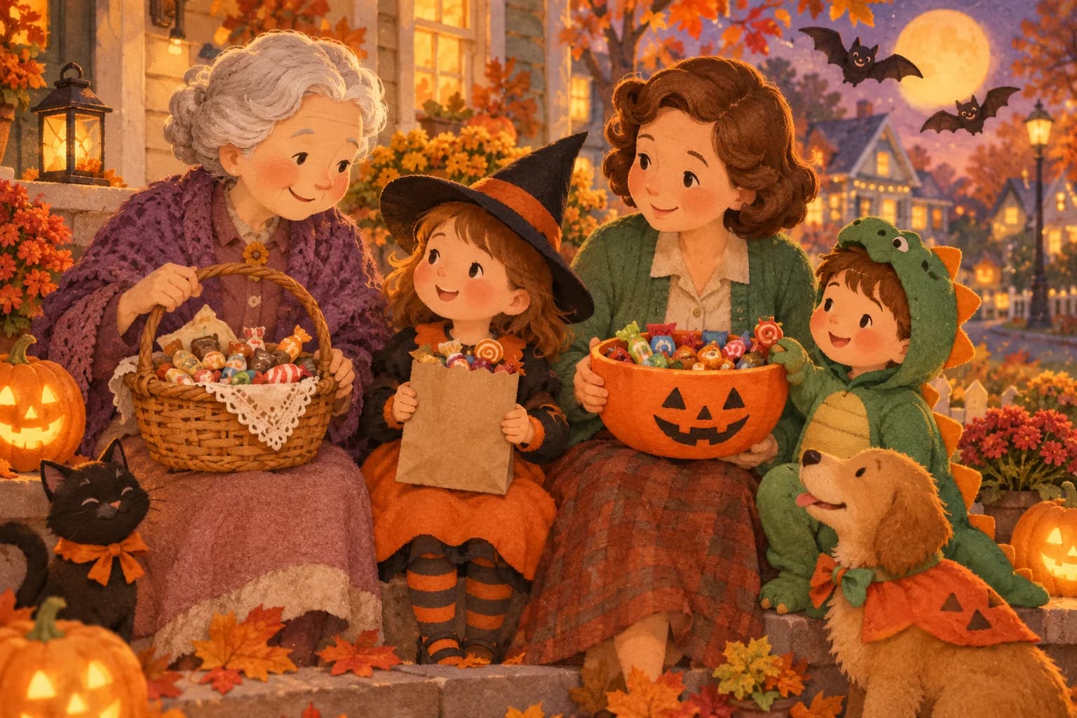 Trois générations comparent des bonbons d'Halloween dans un décor chaleureux