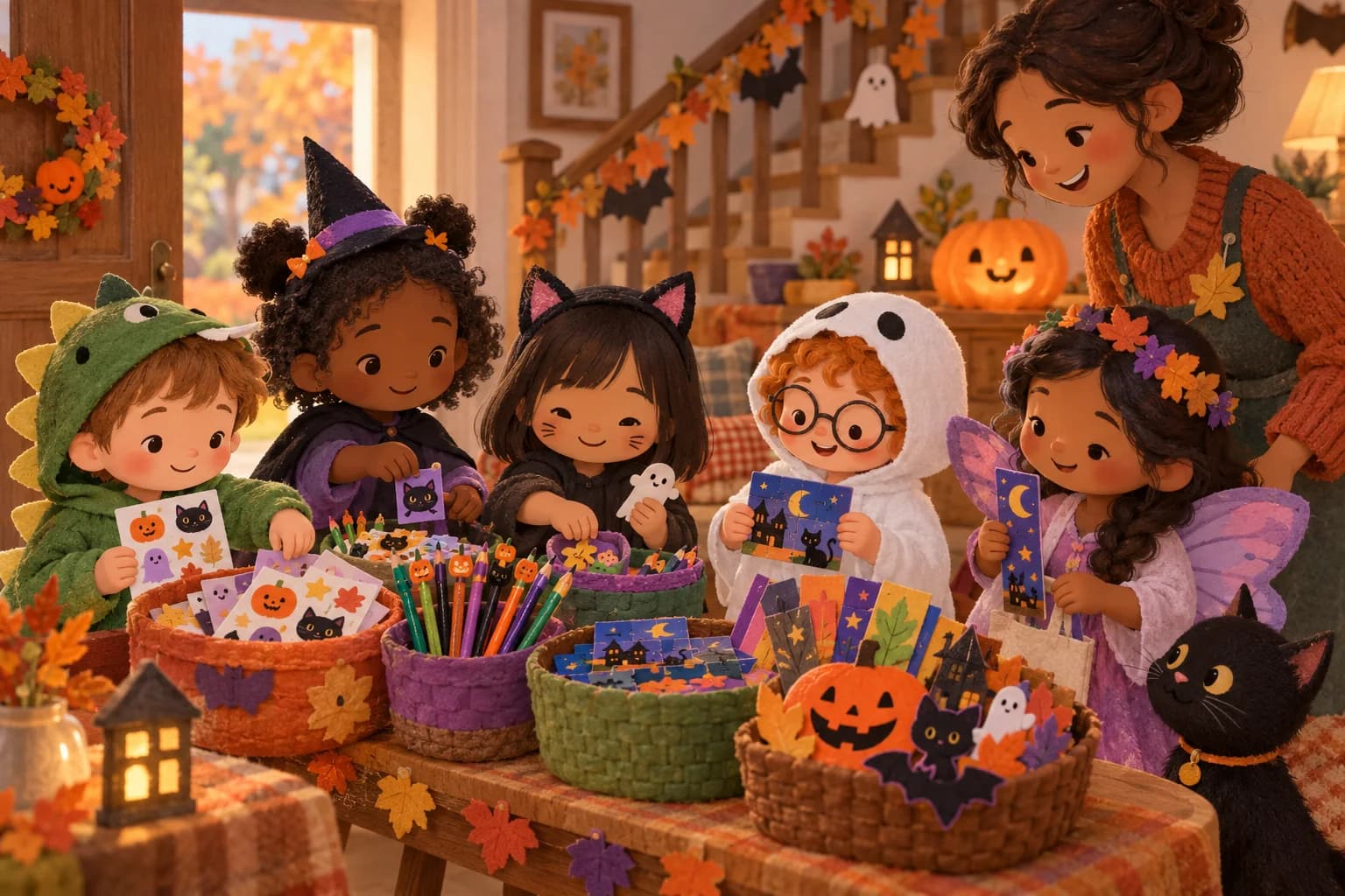 Des enfants choisissent de petits cadeaux non alimentaires dans des paniers pour Halloween